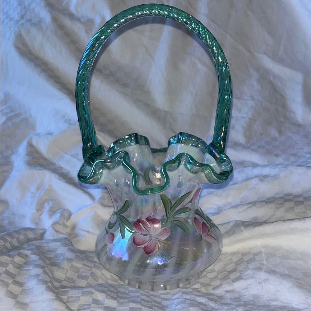Fenton Glass Vase with Green Handle and Pink Floral Design
